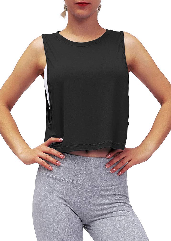 Mippo Workout Tops for Women Cropped Muscle Tank Athletic Shirts Loose Mesh Top Workout Clothes Running Tank Black S - Image 3